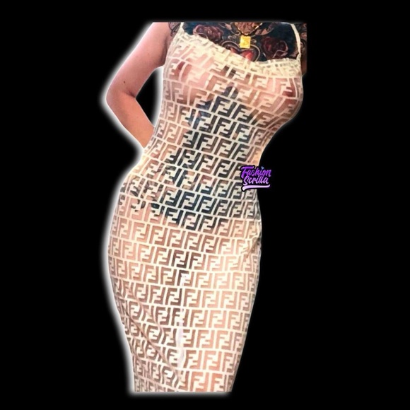 Fendi 1990s Zucca Monogram Logo Dress Sheer Nylon Lace Maxi Bodycon Slip Dress - Picture 1 of 17